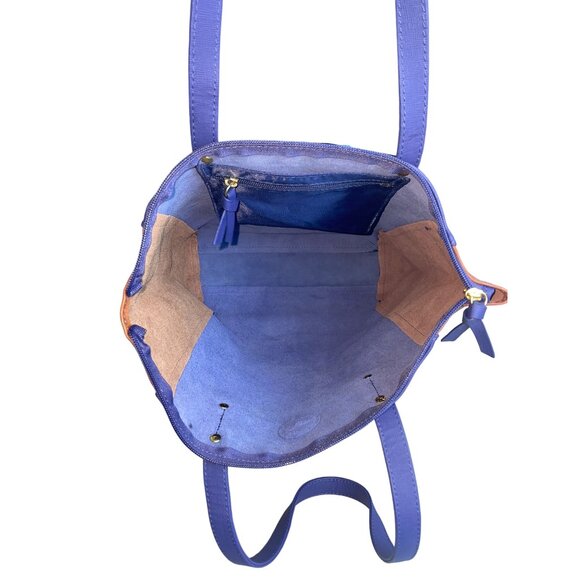 Joy Mangano Brown And Blue Leather Colorblock Tote Bag Sz L - NWOT - Picture 7 of 10